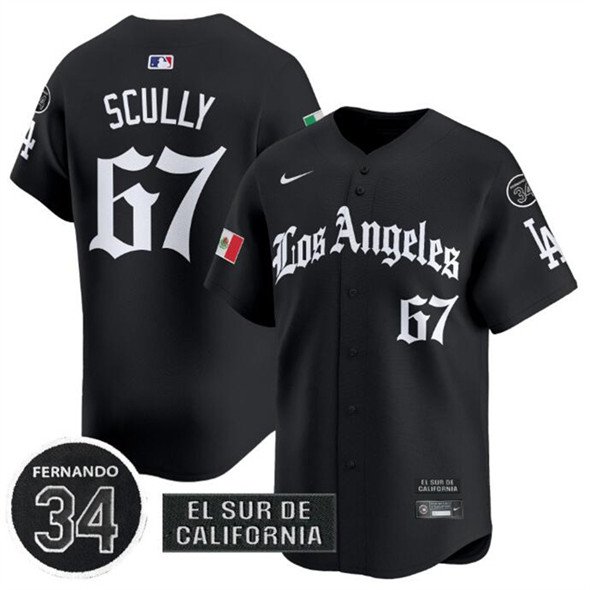 Men's Los Angeles Dodgers #67 Vin Scully Black Mexico 2025 LA Gothic Style With Fernando Jersey