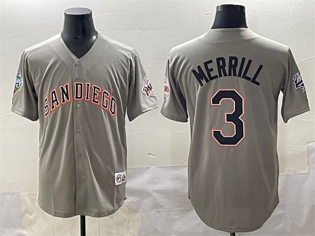 Men's San Diego Padres #3 Jackson Merrill Gray Fashion Throwback With Patch Jersey