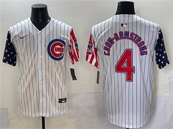 Men's Chicago Cubs #4 Pete Crow-Armstrong White Pinstripe 2025 Independence Day Vapor Jersey