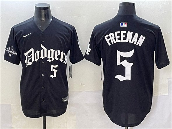 Men's Los Angeles Dodgers #5 Freddie Freeman Black 2025 LA Gothic Style With 2024 World Jersey