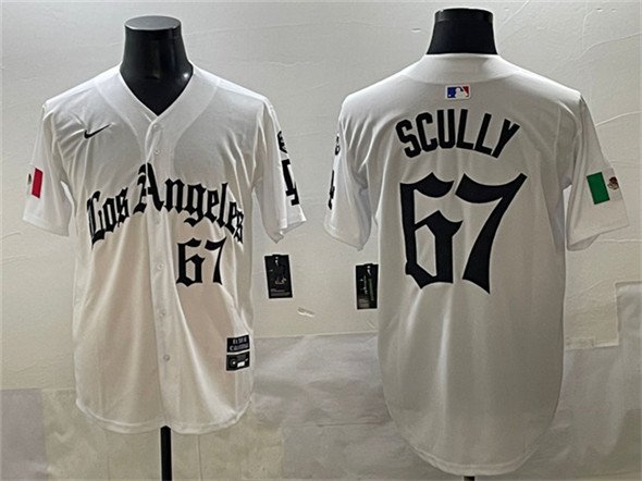 Men's Los Angeles Dodgers #67 Vin Scully White Mexico 2025 LA Gothic Style With Fernando Jersey