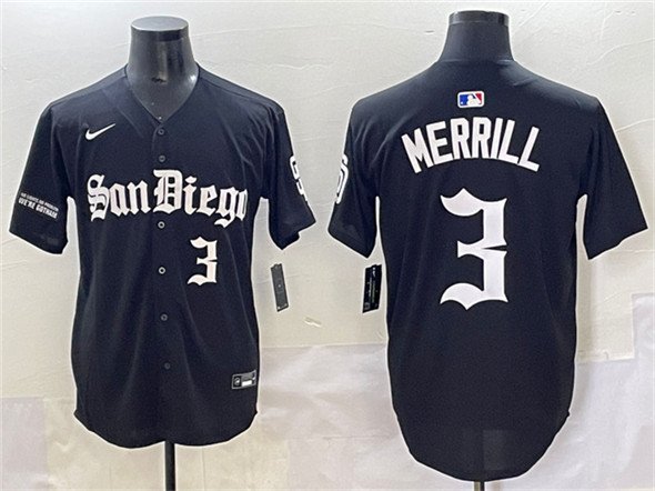 Men's San Diego Padres #3 Jackson Merrill Black Gothic Edition Vapor Limited Stitched Jersey