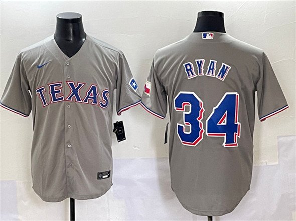Men's Texas Rangers #34 Nolan Ryan Gray With Patch Cool Base Stitched Baseball Jersey