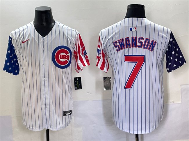 Men's Chicago Cubs #7 Dansby Swanson White Pinstripe 2025 Independence Day Vapor Jersey