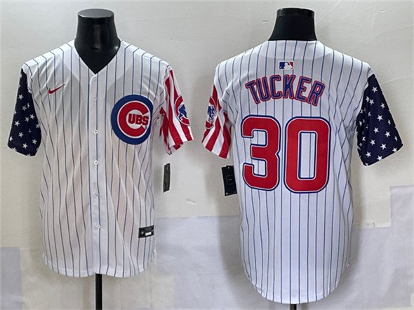Men's Chicago Cubs #30 Kyle Tucker White Pinstripe 2025 Independence Day Vapor Jersey