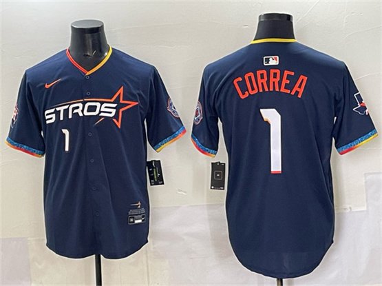 Men's Houston Astros #1 Carlos Correa Navy 2025 City Connect With Texas Patch Limited Jersey