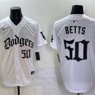 Men's Los Angeles Dodgers #50 Mookie Betts White 2025 LA Gothic Style With 2024 World Jersey