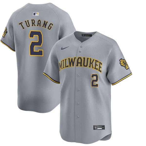 Mens Milwaukee Brewers #2 Brice Turang Gray Road Limited Jersey