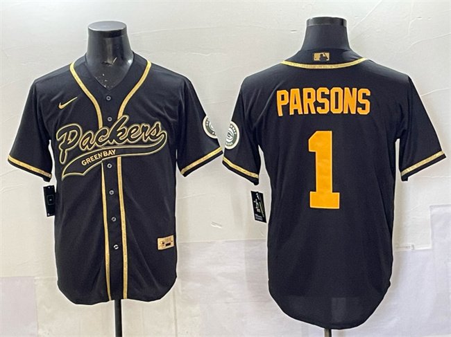 Men's Green Bay Packers #1 Micah Parsons Black Gold Cool Base Stitched Baseball Jersey