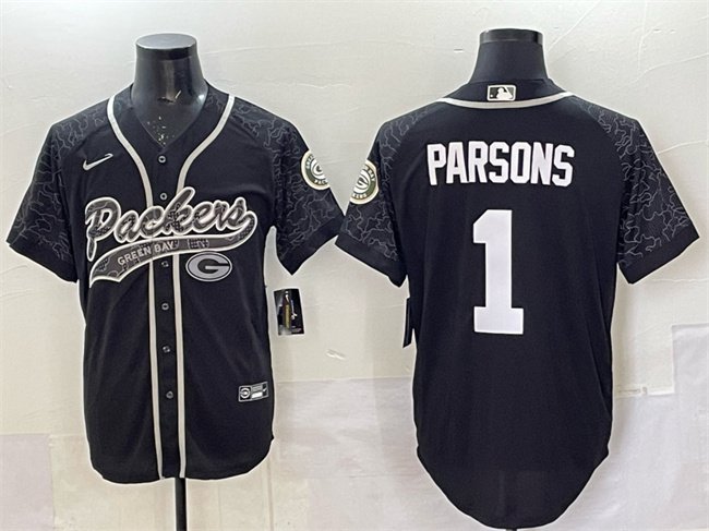 Men's Green Bay Packers #1 Micah Parsons Black Reflective With Patch Cool Base Stitched Jersey