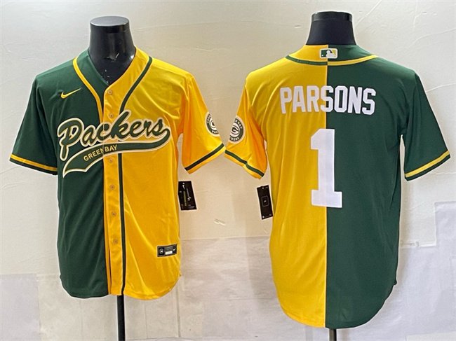 Men's Green Bay Packers #1 Micah Parsons Green/Gold Split Cool Base Stitched Baseball Jersey