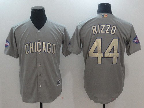 Men's Chicago Cubs #44 Anthony Rizzo Gray World Series Champions Gold Jersey