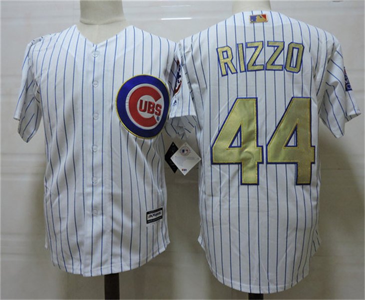 Mens Chicago Cubs #44 Anthony Rizzo Majestic White Gold Program Cool Base Player Jersey
