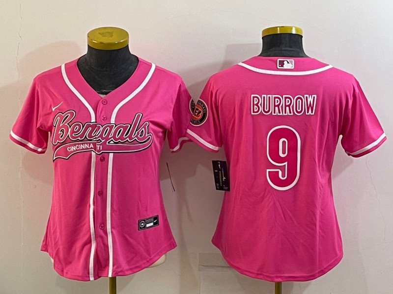 Women's Cincinnati Bengals #9 Joe Burrow Pink With Patch Cool Base Stitched Jersey