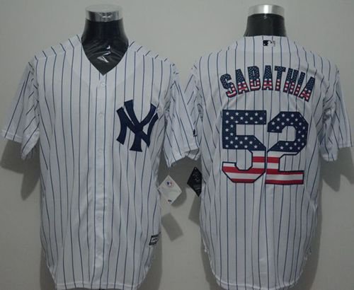 New York Yankees #52 C.C. Sabathia White Strip USA Flag Fashion Stitched Jersey