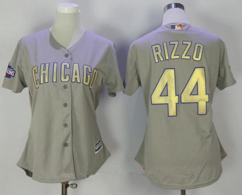 Women's Chicago Cubs #44 Anthony Rizzo Gray World Series Champions Gold Jersey