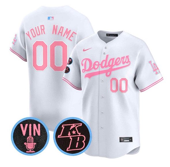 Los Angeles Dodgers Custom White Pink 2025 Vin Patch & Kobe Bryant V2 Vapor Jersey