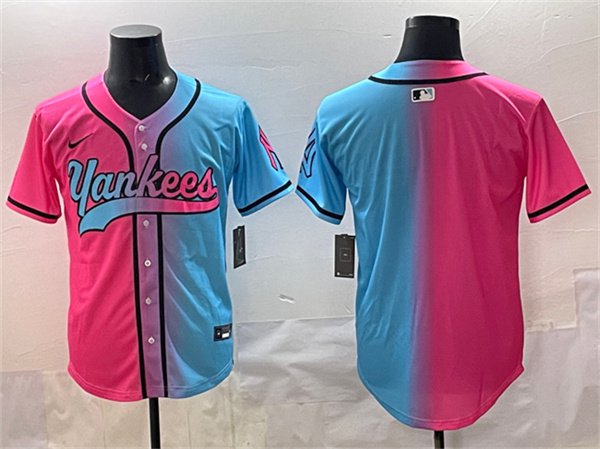 Men's NYY Blank Pink/Blue Limited Stitched Player Jersey