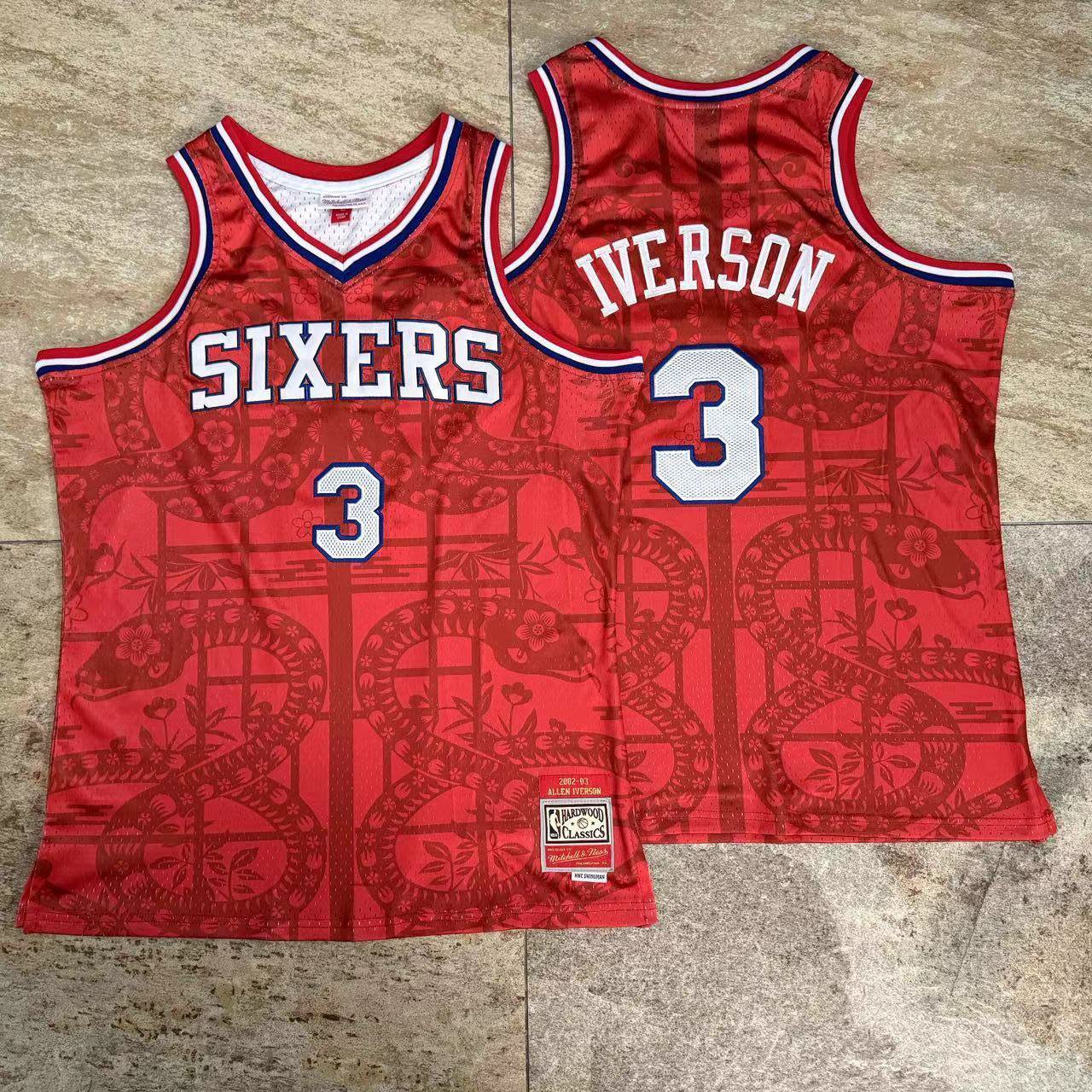 Men's Mitchell & Ness 76ers #3 Allen Iverson AU Jersey Red
