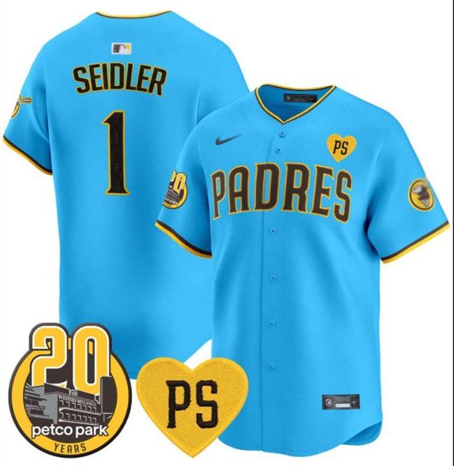 Men's San Diego Padres #1 Peter Seidler Blue Petco Park 20th Patch Baseball Jersey