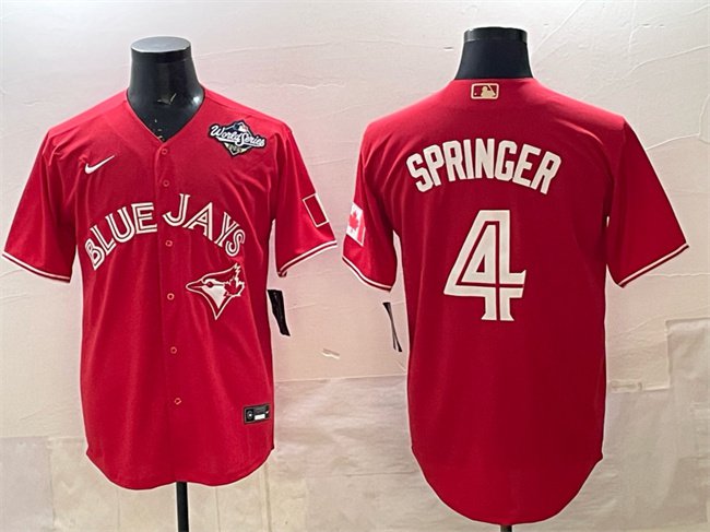 Men's Toronto Blue Jays #4 George Springer Red 2025 World Series Cool Base Stitched Jersey
