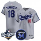Los Angeles Dodgers #18 Yoshinobu Yamamoto Gray 2025 World Series With No. 34 Patch Jersey