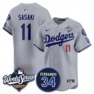 Los Angeles Dodgers #11 Roki Sasaki Gray 2025 World Series With No. 34 Patch Jersey