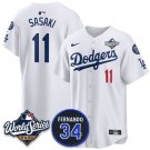 Los Angeles Dodgers #11 Roki Sasaki White 2025 World Series With No. 34 Patch Jersey