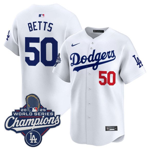 Los Angeles Dodgers #50 Mookie Betts White 2025 Champions Stitched Baseball Jersey