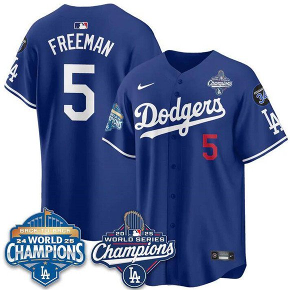 Dodgers #5 Freddie Freeman Blue 2025 World Series With No. 34 Patch Stitched Baseball Jersey