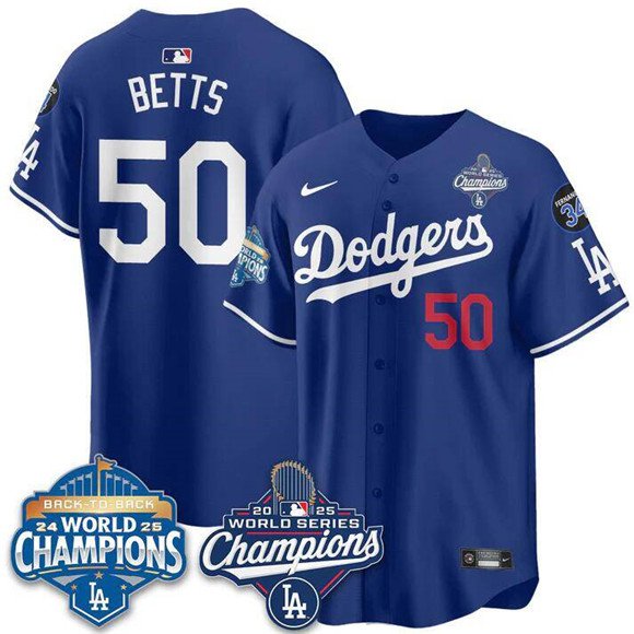 Dodgers #50 Mookie Betts Blue 2025 World Series With No. 34 Patch Stitched Baseball Jersey