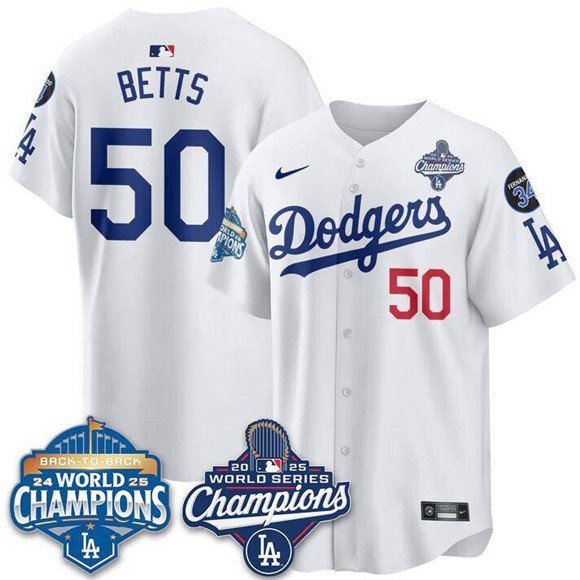 Dodgers #50 Mookie Betts White 2025 World Series With No. 34 Patch Stitched Baseball Jersey