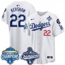 Dodgers #22 Clayton Kershaw White 2025 World Series With No. 34 Patch Stitched Baseball Jersey