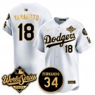Los Angeles Dodgers #18 Yoshinobu Yamamoto White Gold 2025 World Series With No.34 Patch Jersey