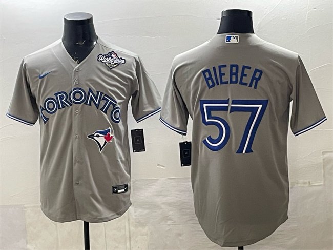 Toronto Blue Jays #57 Shane Bieber Grey 2025 World Series Cool Base Stitched Baseball Jersey