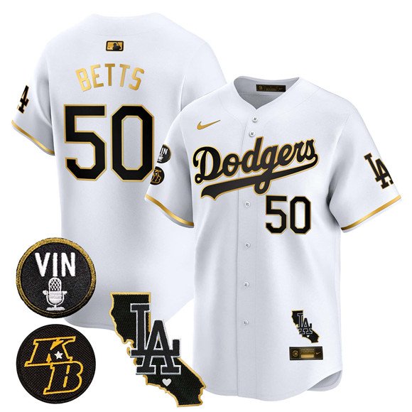 Men's Los Angeles Dodgers Mookie Betts White Gold 2025 Vin & Kobe Patch Vapor Limited Jersey