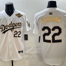 Men's Los Angeles Dodgers #22 Clayton Kershaw White Gold 2025 World Series Patch Limited Jersey