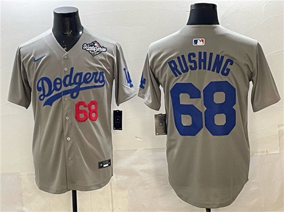 Men's Los Angeles Dodgers #68 Dalton Rushing Gray 2025 World Series Patch Baseball Jersey
