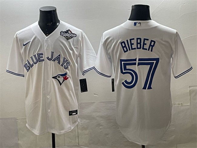 Toronto Blue Jays #57 Shane Bieber White 2025 World Series Cool Base Stitched Jersey