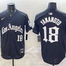 Dodgers #18 Yoshinobu Yamamoto Black LA Gothic Style With 2025 World Series Champions Patch Jersey