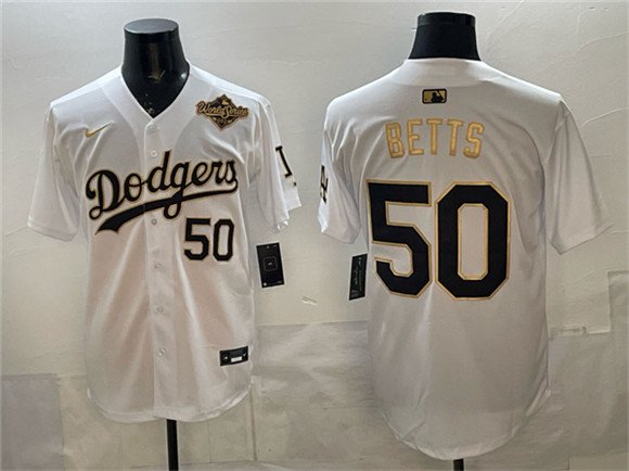 Dodgers #50 Mookie Betts White Gold 2025 World Series Patch Limited Jersey