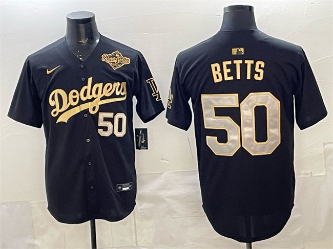 Men's LAD #50 Mookie Betts Black Gold 2025 World Series Jersey