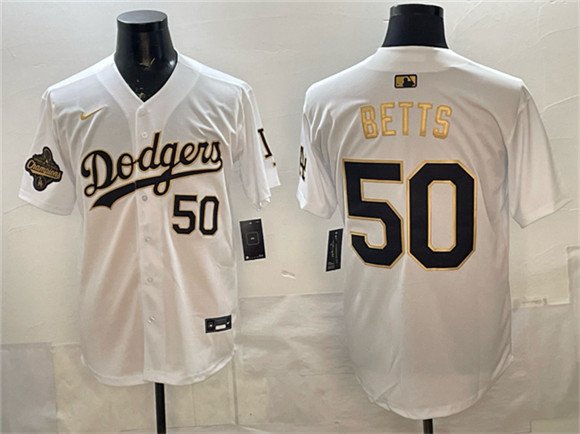 Dodgers #50 Mookie Betts White Gold 2025 World Series Jersey