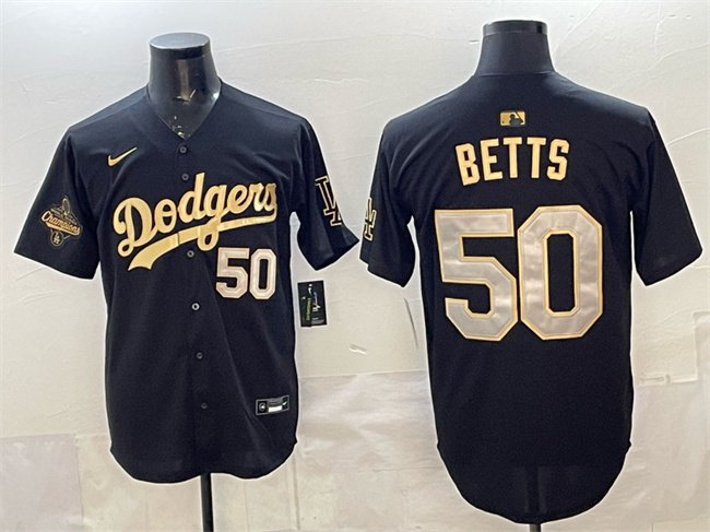 Dodgers #50 Mookie Betts Black Gold 2025 World Series Jersey
