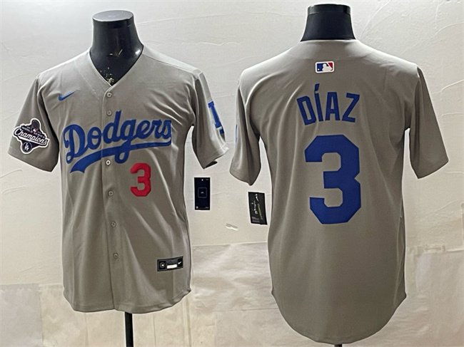 Mens Los Angeles Dodgers #3 Edwin Diaz Grey With 2025 World Series Jersey