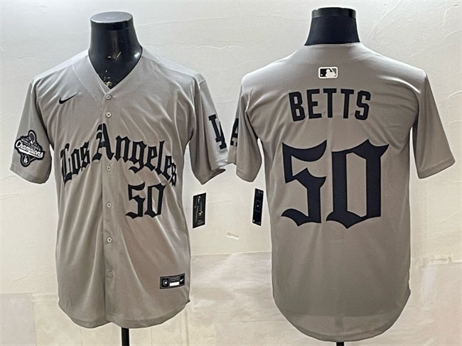 Dodgers #50 Mookie Betts Grey LA Gothic Style With 2025 World Series Champions Patch Baseball Jersey