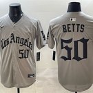 Dodgers #50 Mookie Betts Grey LA Gothic Style With 2025 World Series Champions Patch Baseball Jersey