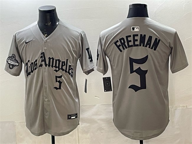 Dodgers #5 Freddie Freeman Grey LA Gothic Style With 2025 World Series Champions Patch Jersey