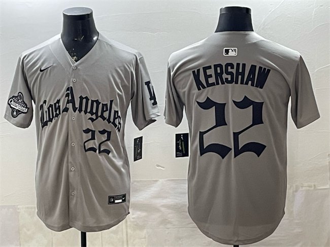 Dodgers #22 Clayton Kershaw Grey LA Gothic Style With 2025 World Series Champions Patch Jersey