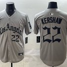 Dodgers #22 Clayton Kershaw Grey LA Gothic Style With 2025 World Series Champions Patch Jersey
